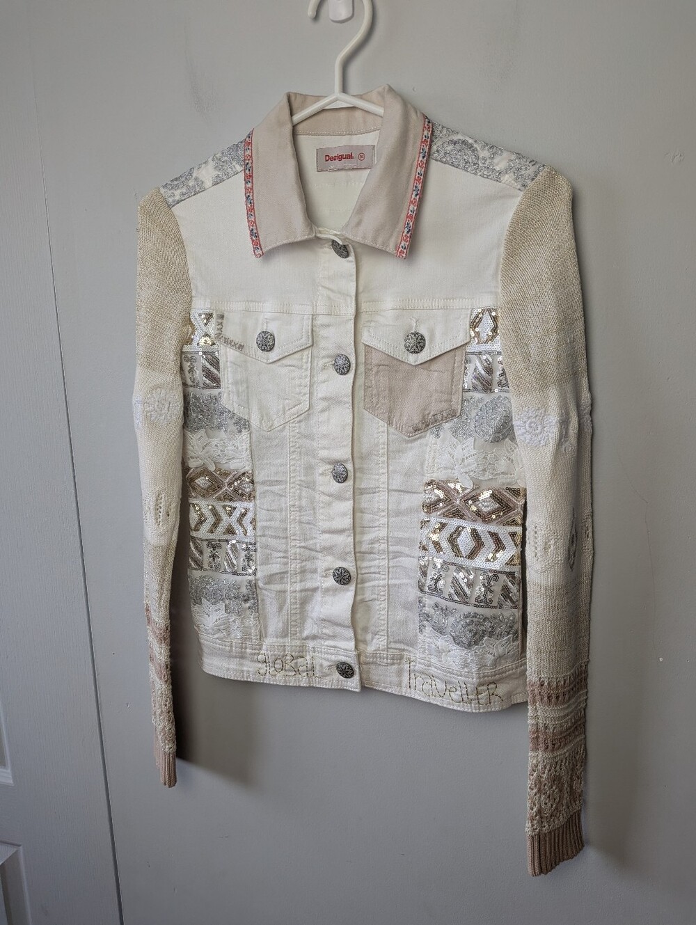 DESIGUAL Women Jeans Jacket Size 34 = XS Cream Color Maximalist Crochet Sleeves